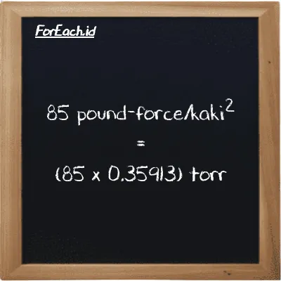 Cara konversi pound-force/kaki<sup>2</sup> ke torr (lbf/ft<sup>2</sup> ke torr): 85 pound-force/kaki<sup>2</sup> (lbf/ft<sup>2</sup>) setara dengan 85 dikalikan dengan 0.35913 torr (torr)
